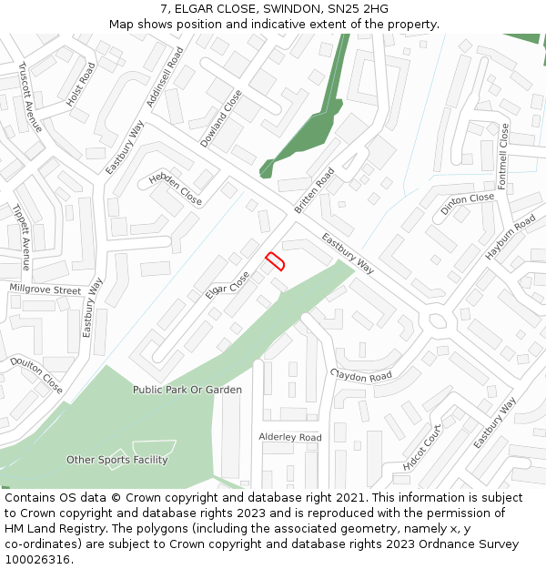 7, ELGAR CLOSE, SWINDON, SN25 2HG: Location map and indicative extent of plot