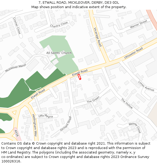 7, ETWALL ROAD, MICKLEOVER, DERBY, DE3 0DL: Location map and indicative extent of plot