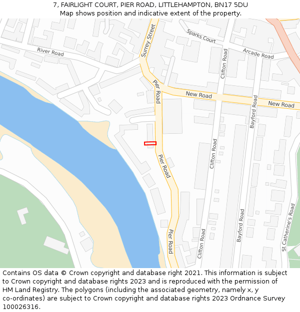 7, FAIRLIGHT COURT, PIER ROAD, LITTLEHAMPTON, BN17 5DU: Location map and indicative extent of plot