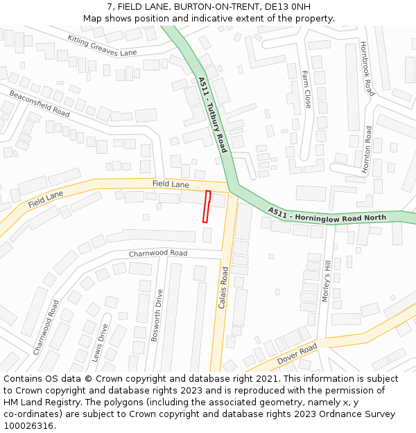 7, FIELD LANE, BURTON-ON-TRENT, DE13 0NH: Location map and indicative extent of plot