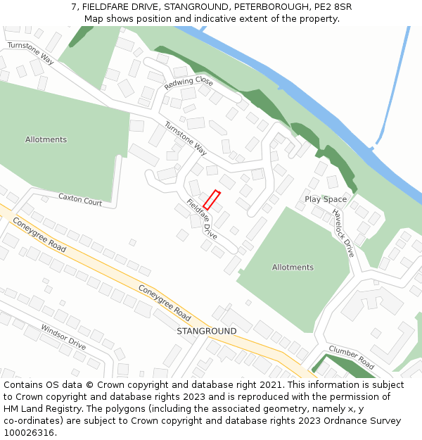 7, FIELDFARE DRIVE, STANGROUND, PETERBOROUGH, PE2 8SR: Location map and indicative extent of plot