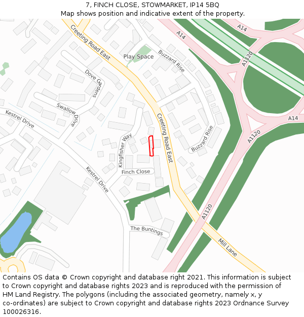7, FINCH CLOSE, STOWMARKET, IP14 5BQ: Location map and indicative extent of plot