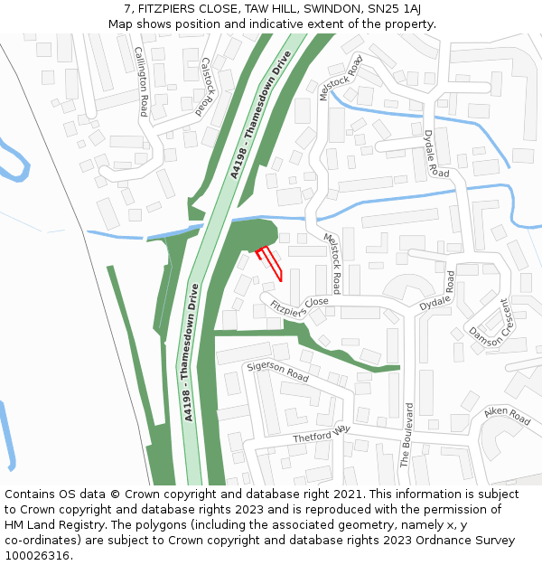 7, FITZPIERS CLOSE, TAW HILL, SWINDON, SN25 1AJ: Location map and indicative extent of plot