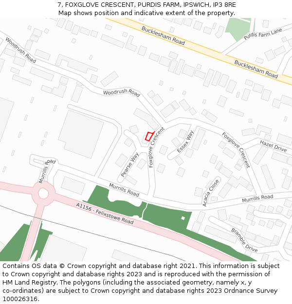 7, FOXGLOVE CRESCENT, PURDIS FARM, IPSWICH, IP3 8RE: Location map and indicative extent of plot