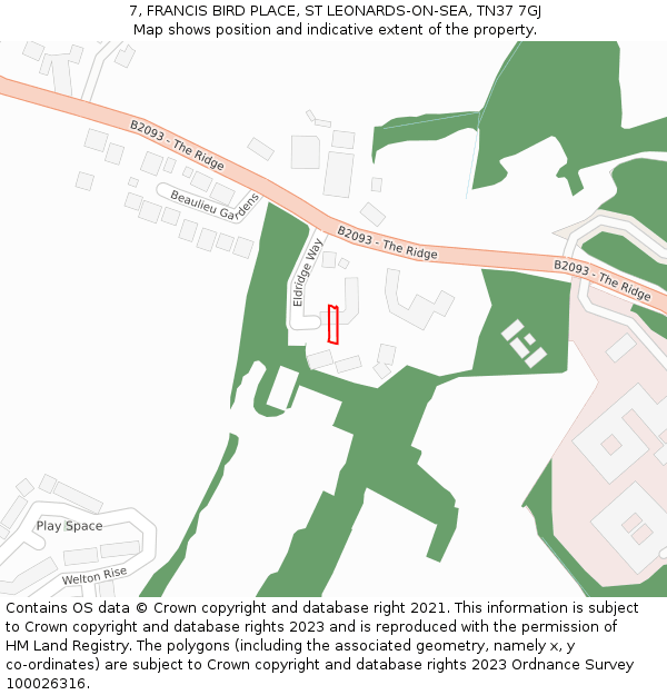 7, FRANCIS BIRD PLACE, ST LEONARDS-ON-SEA, TN37 7GJ: Location map and indicative extent of plot