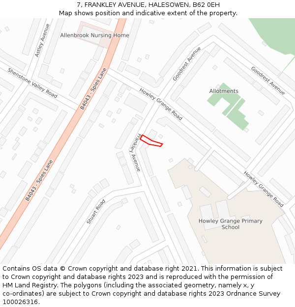 7, FRANKLEY AVENUE, HALESOWEN, B62 0EH: Location map and indicative extent of plot