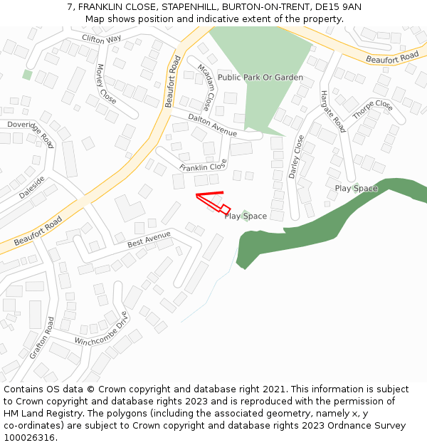 7, FRANKLIN CLOSE, STAPENHILL, BURTON-ON-TRENT, DE15 9AN: Location map and indicative extent of plot