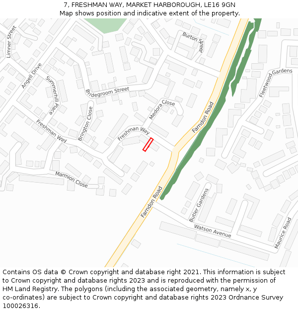 7, FRESHMAN WAY, MARKET HARBOROUGH, LE16 9GN: Location map and indicative extent of plot