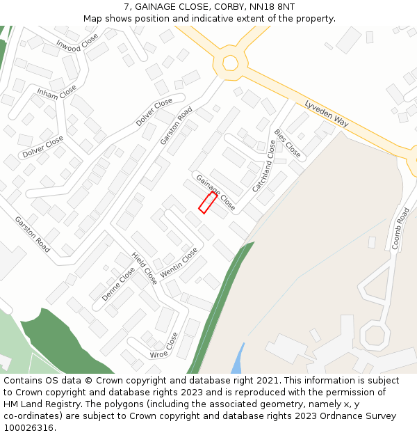 7, GAINAGE CLOSE, CORBY, NN18 8NT: Location map and indicative extent of plot