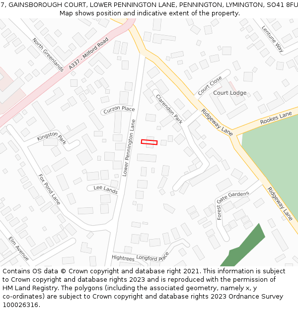 7, GAINSBOROUGH COURT, LOWER PENNINGTON LANE, PENNINGTON, LYMINGTON, SO41 8FU: Location map and indicative extent of plot