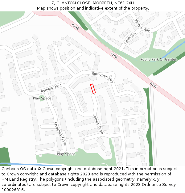 7, GLANTON CLOSE, MORPETH, NE61 2XH: Location map and indicative extent of plot