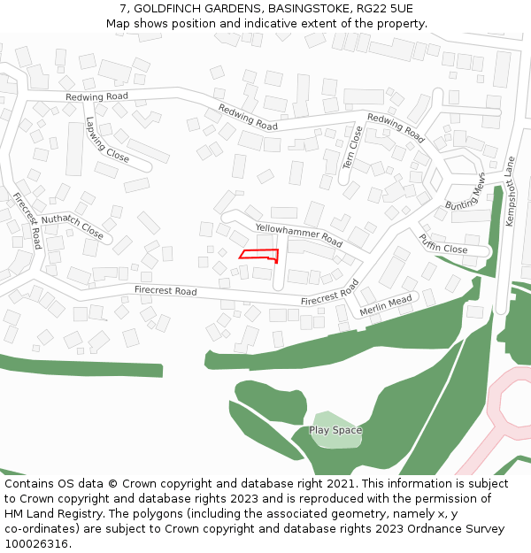 7, GOLDFINCH GARDENS, BASINGSTOKE, RG22 5UE: Location map and indicative extent of plot