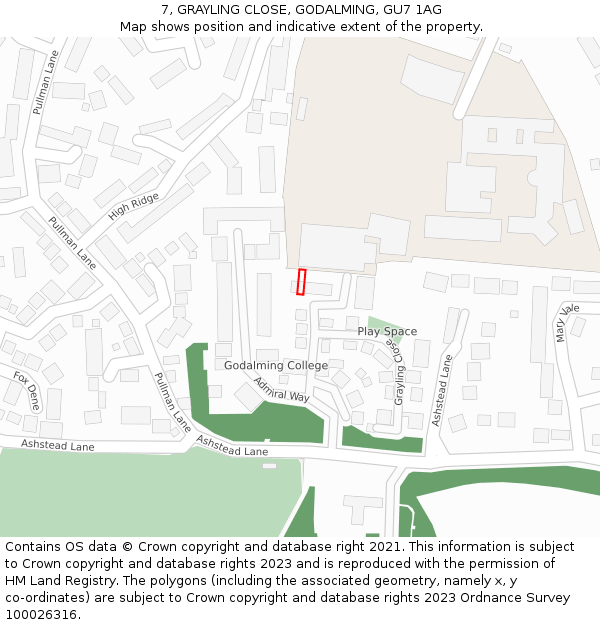 7, GRAYLING CLOSE, GODALMING, GU7 1AG: Location map and indicative extent of plot