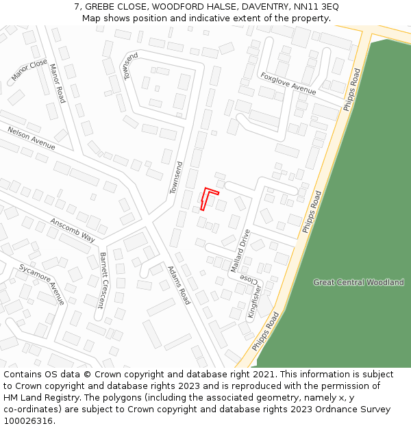 7, GREBE CLOSE, WOODFORD HALSE, DAVENTRY, NN11 3EQ: Location map and indicative extent of plot