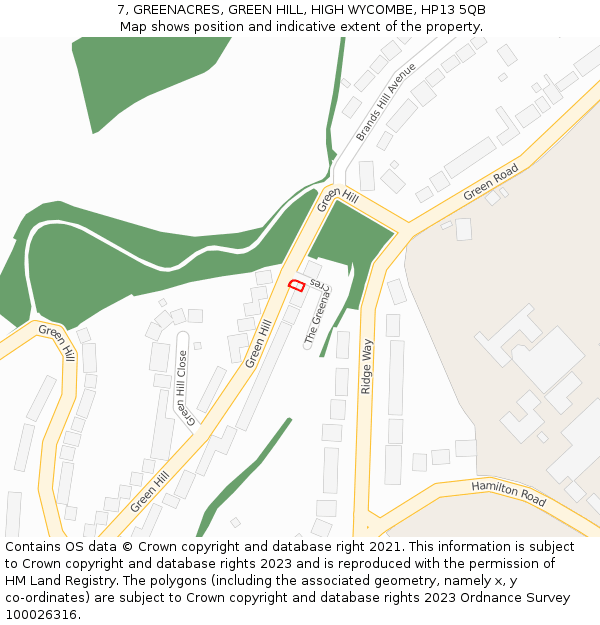 7, GREENACRES, GREEN HILL, HIGH WYCOMBE, HP13 5QB: Location map and indicative extent of plot