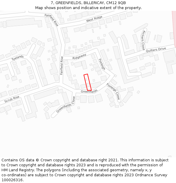 7, GREENFIELDS, BILLERICAY, CM12 9QB: Location map and indicative extent of plot