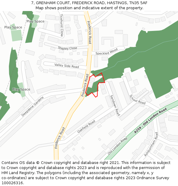 7, GRENHAM COURT, FREDERICK ROAD, HASTINGS, TN35 5AF: Location map and indicative extent of plot