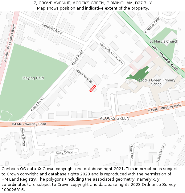 7, GROVE AVENUE, ACOCKS GREEN, BIRMINGHAM, B27 7UY: Location map and indicative extent of plot