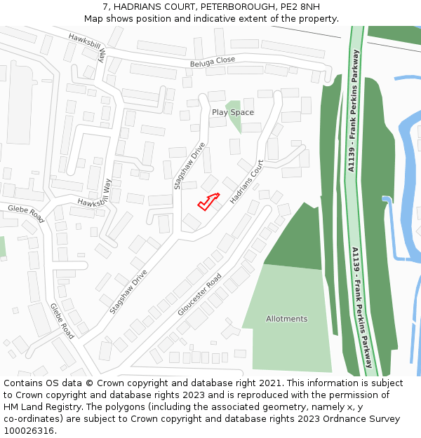 7, HADRIANS COURT, PETERBOROUGH, PE2 8NH: Location map and indicative extent of plot