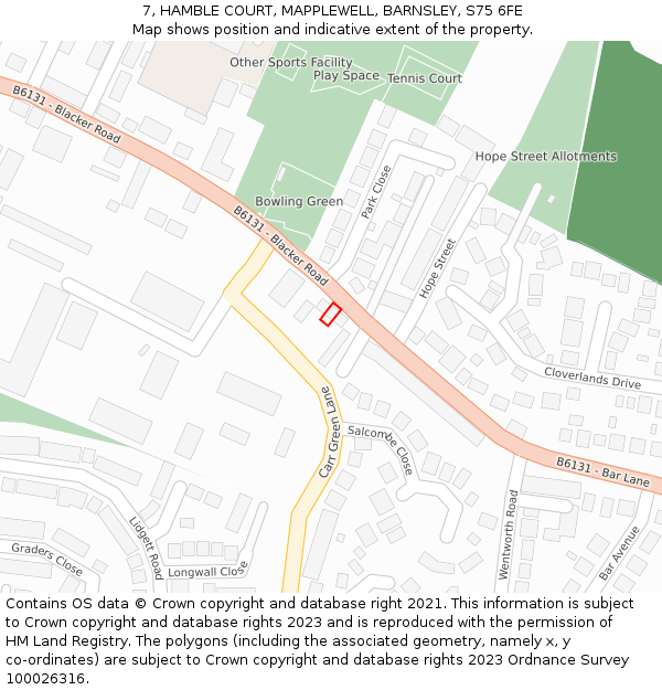 7, HAMBLE COURT, MAPPLEWELL, BARNSLEY, S75 6FE: Location map and indicative extent of plot