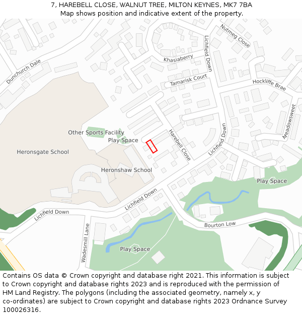 7, HAREBELL CLOSE, WALNUT TREE, MILTON KEYNES, MK7 7BA: Location map and indicative extent of plot