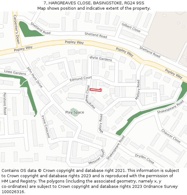7, HARGREAVES CLOSE, BASINGSTOKE, RG24 9SS: Location map and indicative extent of plot