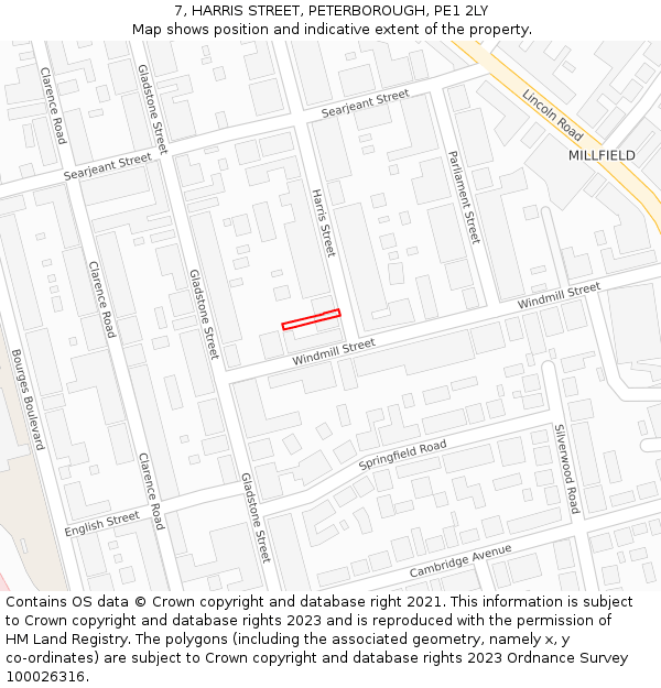 7, HARRIS STREET, PETERBOROUGH, PE1 2LY: Location map and indicative extent of plot