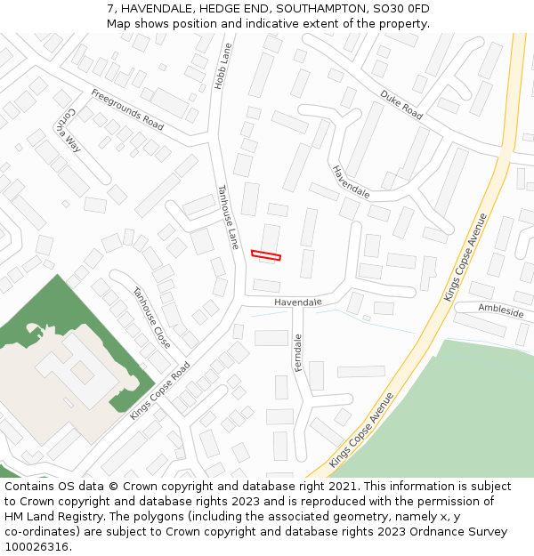 7, HAVENDALE, HEDGE END, SOUTHAMPTON, SO30 0FD: Location map and indicative extent of plot