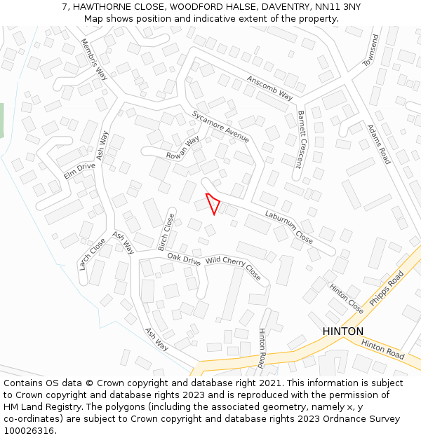 7, HAWTHORNE CLOSE, WOODFORD HALSE, DAVENTRY, NN11 3NY: Location map and indicative extent of plot