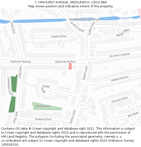 7, HAYHURST AVENUE, MIDDLEWICH, CW10 0BA: Location map and indicative extent of plot