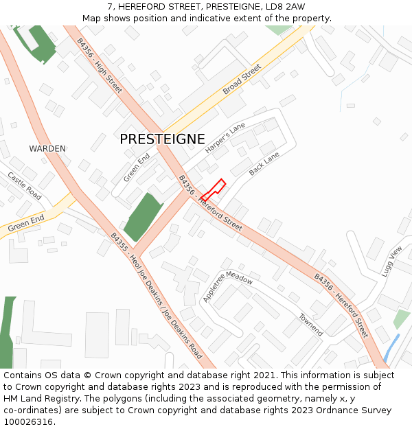 7, HEREFORD STREET, PRESTEIGNE, LD8 2AW: Location map and indicative extent of plot