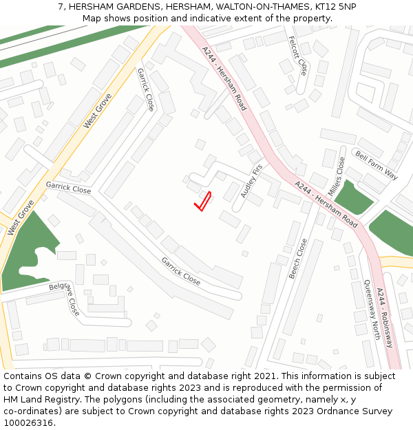 7, HERSHAM GARDENS, HERSHAM, WALTON-ON-THAMES, KT12 5NP: Location map and indicative extent of plot
