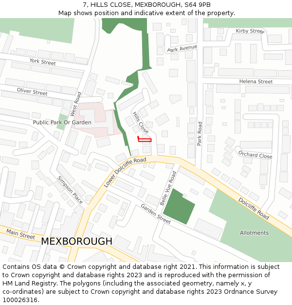 7, HILLS CLOSE, MEXBOROUGH, S64 9PB: Location map and indicative extent of plot