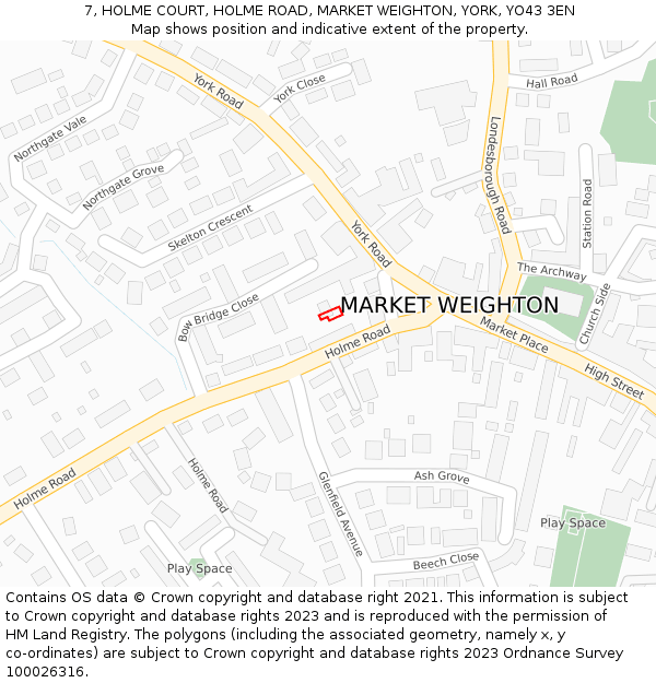 7, HOLME COURT, HOLME ROAD, MARKET WEIGHTON, YORK, YO43 3EN: Location map and indicative extent of plot
