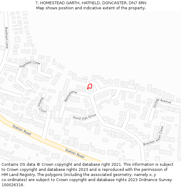 7, HOMESTEAD GARTH, HATFIELD, DONCASTER, DN7 6RN: Location map and indicative extent of plot