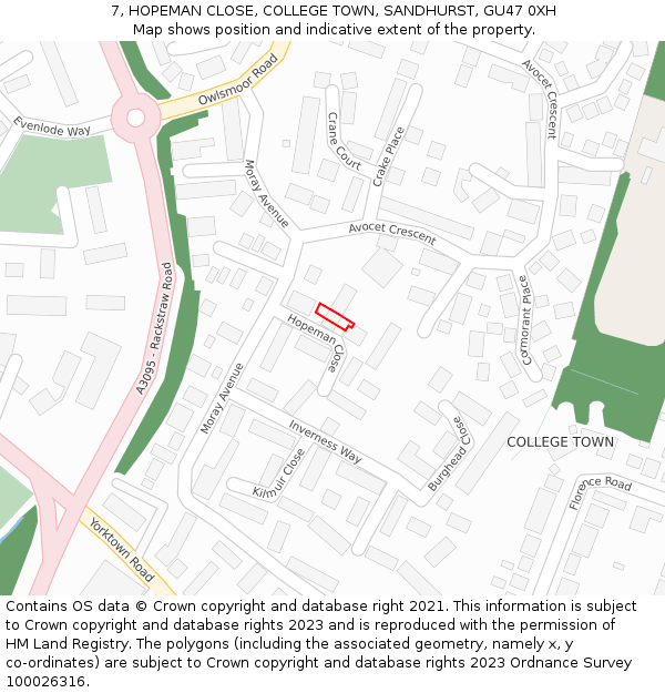 7, HOPEMAN CLOSE, COLLEGE TOWN, SANDHURST, GU47 0XH: Location map and indicative extent of plot