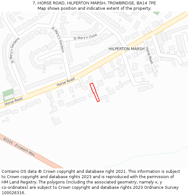 7, HORSE ROAD, HILPERTON MARSH, TROWBRIDGE, BA14 7PE: Location map and indicative extent of plot