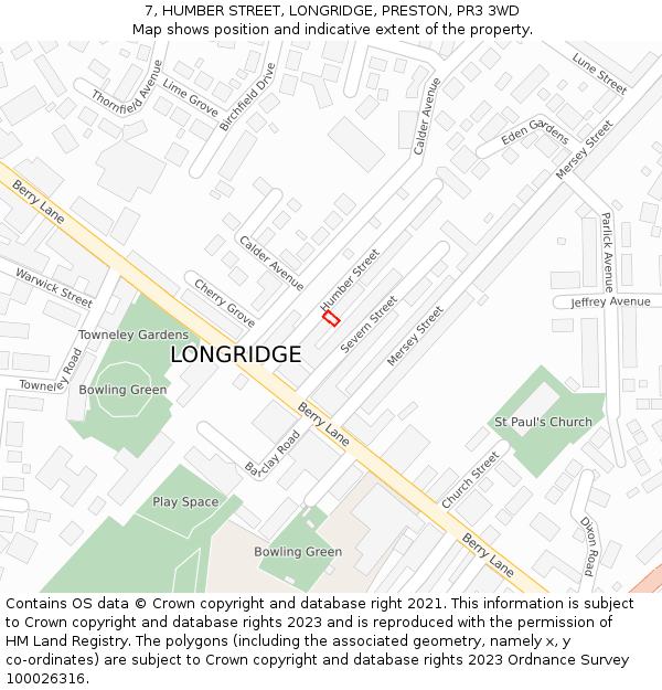 7, HUMBER STREET, LONGRIDGE, PRESTON, PR3 3WD: Location map and indicative extent of plot