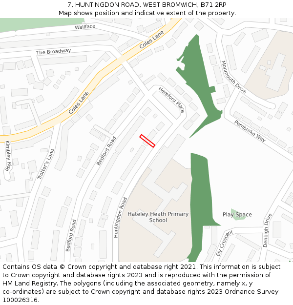 7, HUNTINGDON ROAD, WEST BROMWICH, B71 2RP: Location map and indicative extent of plot