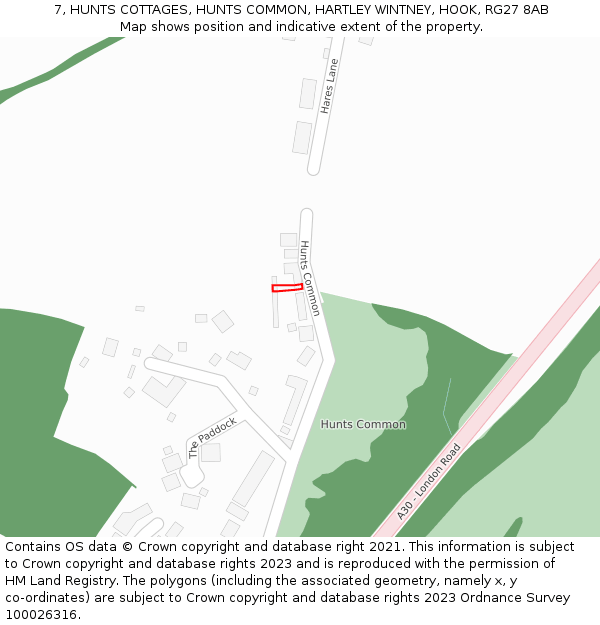 7, HUNTS COTTAGES, HUNTS COMMON, HARTLEY WINTNEY, HOOK, RG27 8AB: Location map and indicative extent of plot