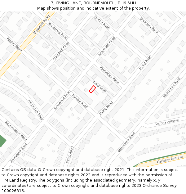 7, IRVING LANE, BOURNEMOUTH, BH6 5HH: Location map and indicative extent of plot
