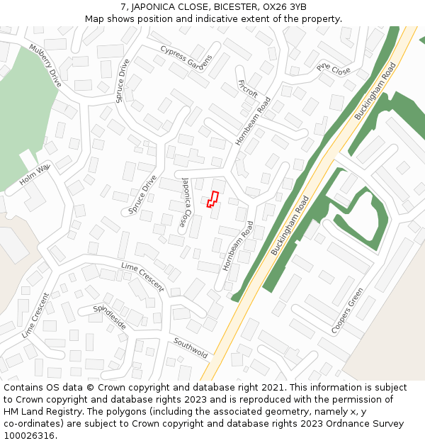 7, JAPONICA CLOSE, BICESTER, OX26 3YB: Location map and indicative extent of plot