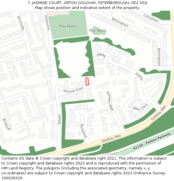 7, JASMINE COURT, ORTON GOLDHAY, PETERBOROUGH, PE2 5SQ: Location map and indicative extent of plot