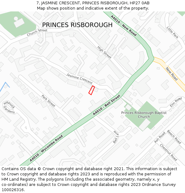 7, JASMINE CRESCENT, PRINCES RISBOROUGH, HP27 0AB: Location map and indicative extent of plot