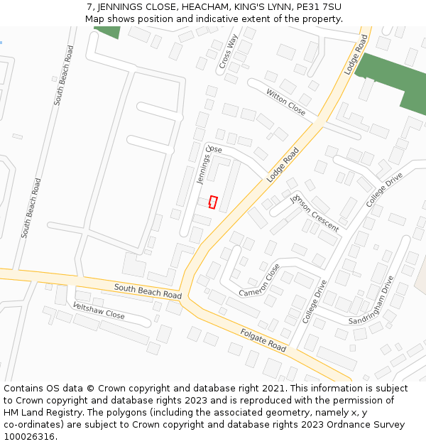 7, JENNINGS CLOSE, HEACHAM, KING'S LYNN, PE31 7SU: Location map and indicative extent of plot