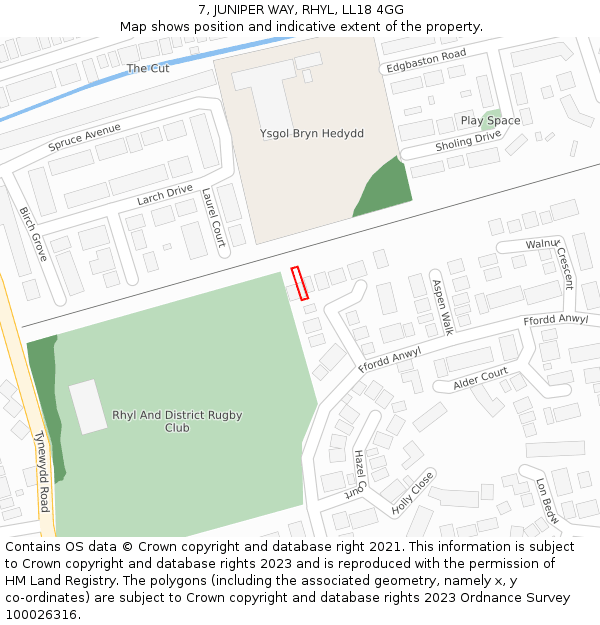 7, JUNIPER WAY, RHYL, LL18 4GG: Location map and indicative extent of plot
