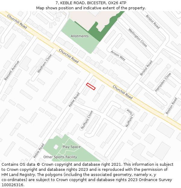 7, KEBLE ROAD, BICESTER, OX26 4TP: Location map and indicative extent of plot