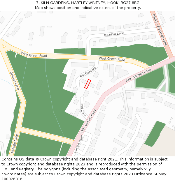 7, KILN GARDENS, HARTLEY WINTNEY, HOOK, RG27 8RG: Location map and indicative extent of plot
