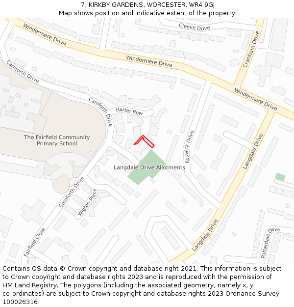 7, KIRKBY GARDENS, WORCESTER, WR4 9GJ: Location map and indicative extent of plot
