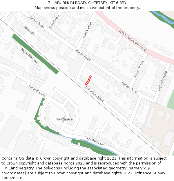 7, LABURNUM ROAD, CHERTSEY, KT16 8BY: Location map and indicative extent of plot